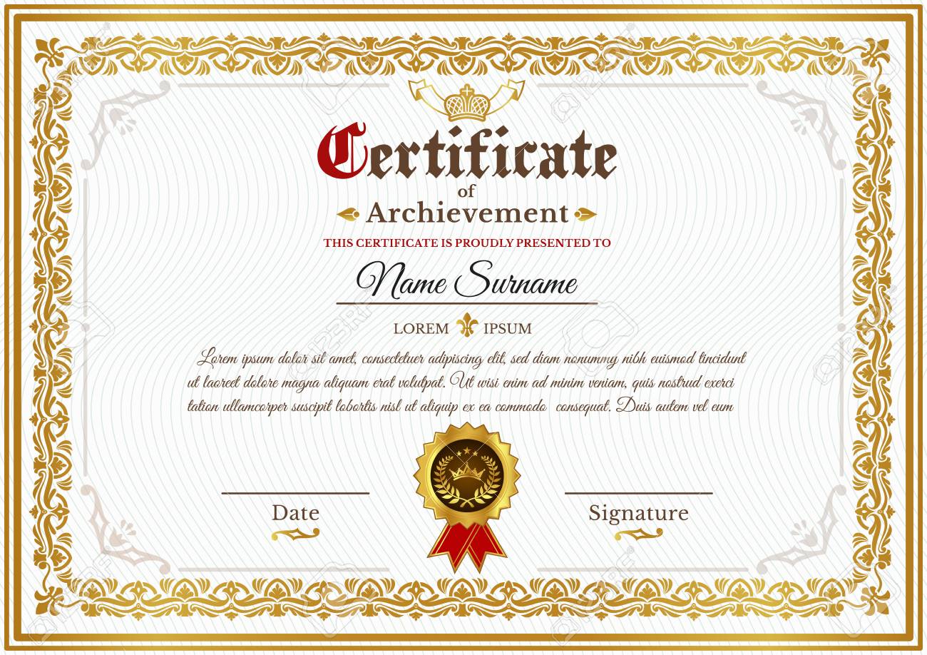 Vector certificate template on awarding, design of certificate with golden vintage ornament on the contour and badge